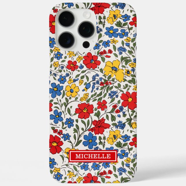 Blaue rote und gelbe Ditsy-Blumen monogrammiert Case-Mate iPhone Hülle (Rückseite)