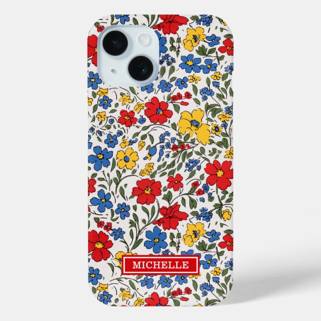 Blaue rote und gelbe Ditsy-Blumen monogrammiert Case-Mate iPhone Hülle (Rückseite)