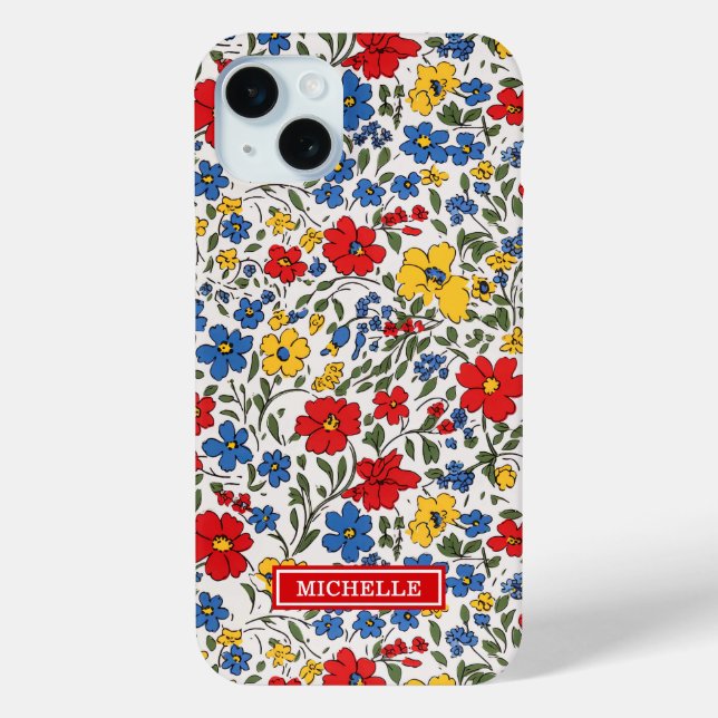 Blaue, rote und gelbe Ditsy-Blumen monogrammiert Case-Mate iPhone Hülle (Rückseite)
