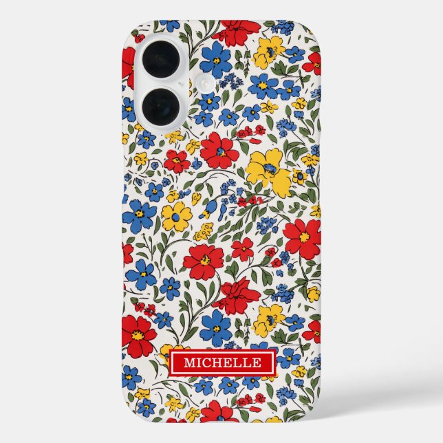 Blaue rote und gelbe Ditsy-Blumen monogrammiert Case-Mate iPhone Hülle (Rückseite)