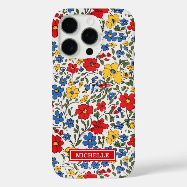 Blaue rote und gelbe Ditsy-Blumen monogrammiert Case-Mate iPhone Hülle (Rückseite)