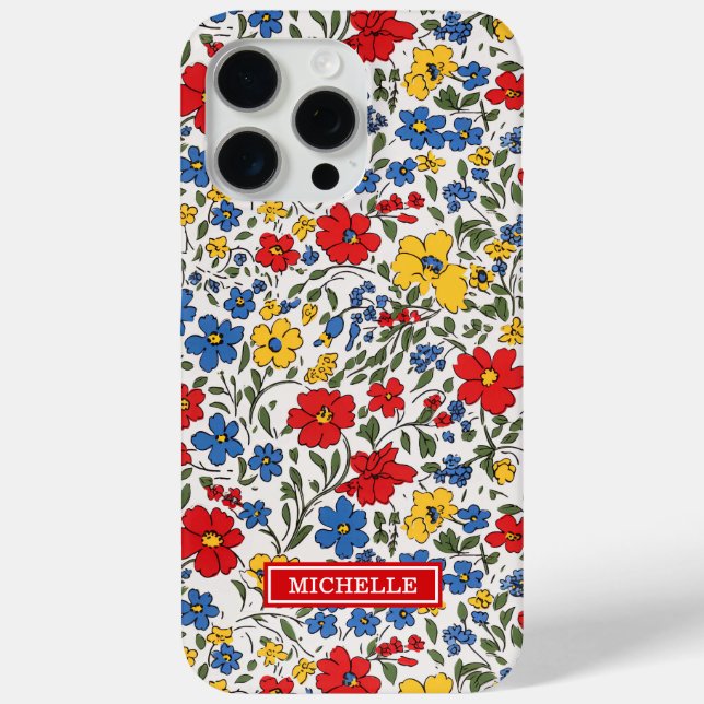 Blaue rote und gelbe Ditsy-Blumen monogrammiert Case-Mate iPhone Hülle (Rückseite)