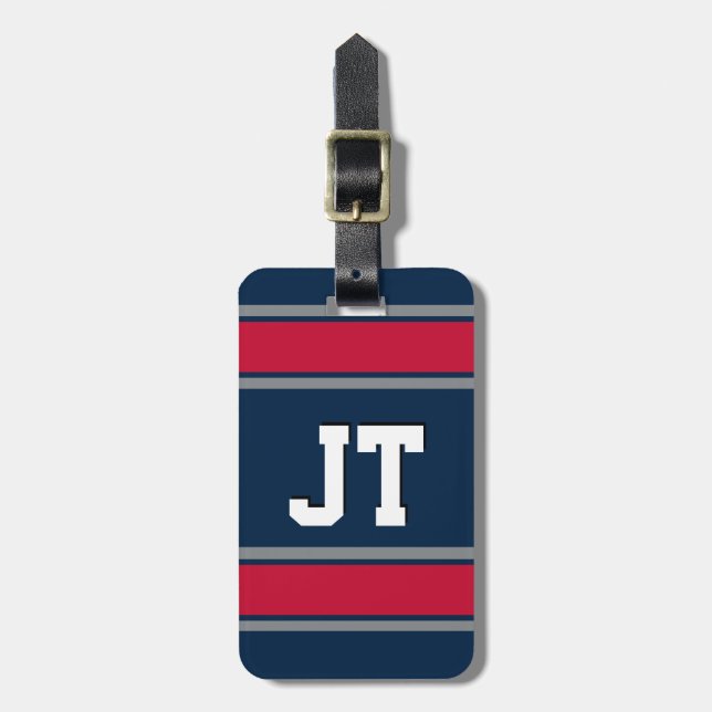 Blaue, rote und silberne Sportstreifen monogramier Gepäckanhänger (Vorderseite vertikal)