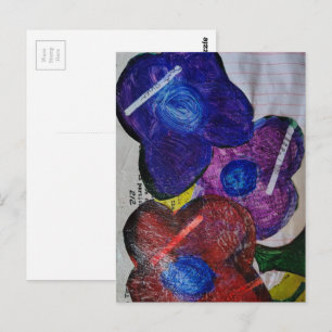 Blaue rote und violette Blumen Mixed Media Collage Postkarte