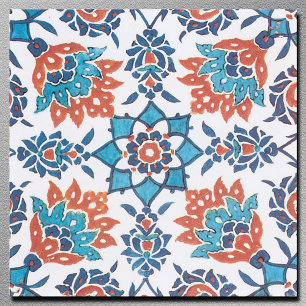 Blaue rote weiße Vintage-Blumenkunstfliese Fliese