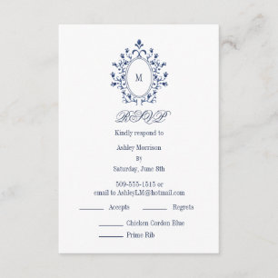 blaue RSVP-Karte Monogramm mit 2 Menüwahlmöglichke Begleitkarte