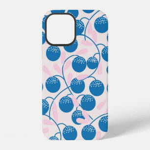 Blaue runde Früchte mit rosa Blättern, in einem na iPhone 12 Hülle