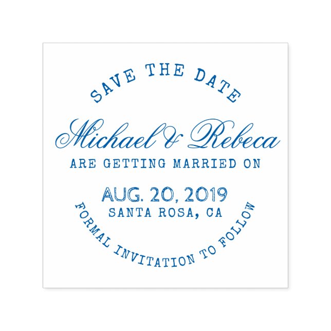 Blaue Rundtypografie Rustikale Save the Date Hochz Permastempel (Design)