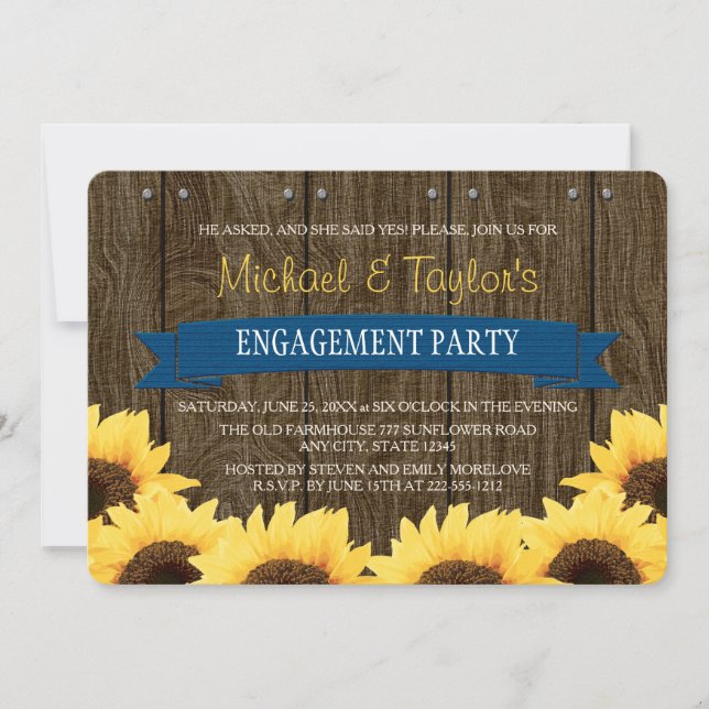 BLAUE RUSTIC SUNFLOWER ENGAGEMENT PARTEI EINLADUNG (Vorderseite)