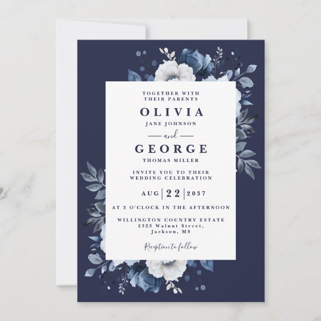 Blaue, rustikale Blüte auf einer Hochzeit Einladung (Vorderseite)