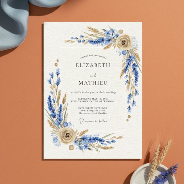 Blaue Rustikale Botanische Hochzeit Einladung (Von Creator hochgeladen)