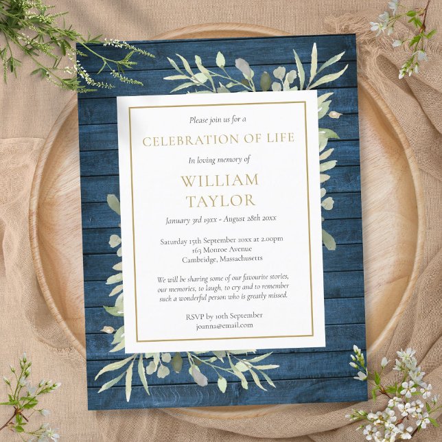 Blaue Rustikale Foliage Beerdigung des Lebens Beer Ankündigungspostkarte (Blue Rustic Foliage Celebration of Life Funeral Announcement Postcard)