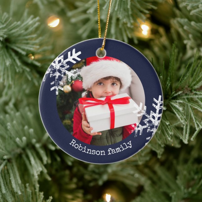 Blaue Rustikale Fotos Schneeflocken Keramik Ornament (Baum)