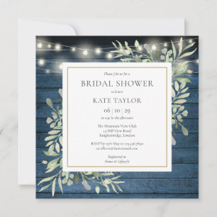 Blaue Rustikale Grünpflanzen-Foto-QR-Code-Hochzeit Einladung