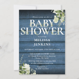 Blaue Rustikale Holz Blumen-Buchstabe Baby Shower Einladung