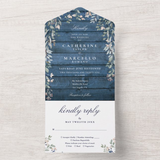 Blaue Rustikale Holz Blumengrün Kaskade Hochzeit All In One Einladung (Innen Boden)