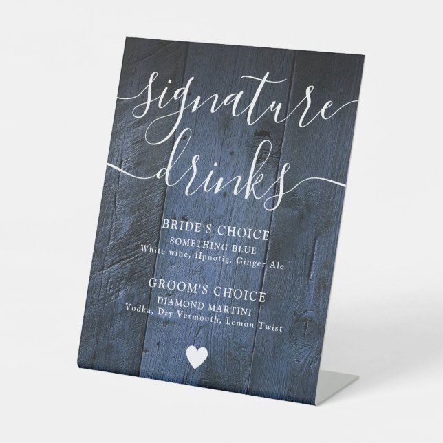 Blaue Rustikale Holz Boho Stall Signature Drinks Sockelschild (Vorderseite)