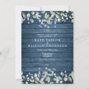 Blaue Rustikale Holz Grün Florale Hochzeit Einladung