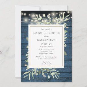 Blaue Rustikale Holz-Lichterkette Foliage Baby Sho Einladung