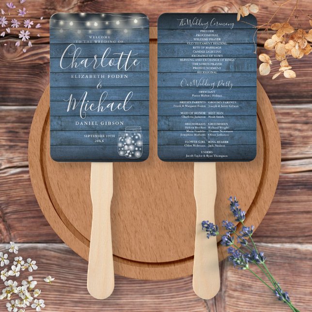 Blaue Rustikale Holz-Lichterkette Hochzeitsprogram Fächer (Blue Rustic Wood String Lights Wedding Program Hand Fan)
