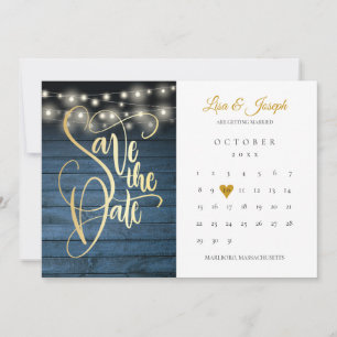 Blaue Rustikale Holz Lichterkette Kalender Goldene Save The Date