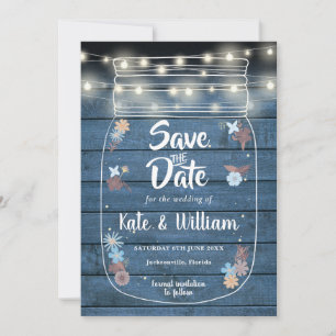 Blaue Rustikale Holz-Mason-Glas-Lichterkette Blume Save The Date