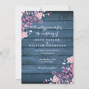 Blaue Rustikale Holz Wildblumen Florale Hochzeit Einladung