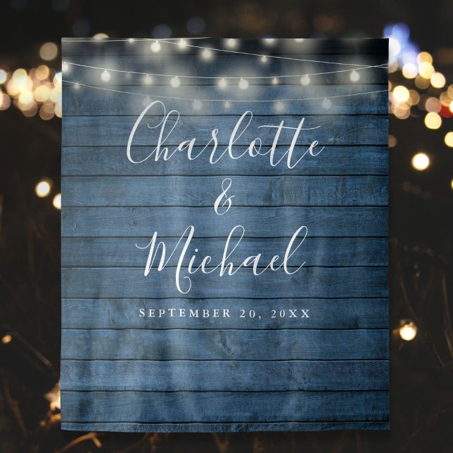 Blaue Rustikale Holzleuchten zum Hochzeitsstich Fo Wandteppich (Blue Rustic Wood Lights Wedding Photo Backdrop)