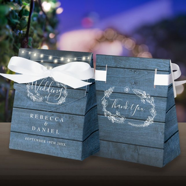 Blaue Rustikale Holzsaitenblume Geschenkschachtel (Blue Rustic Wood String Lights Floral Wedding Favor Box)
