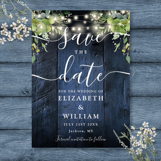 Blaue Rustikale Holzsaitenblume Save The Date (Blue Rustic Wood String Lights Greenery Wedding Save The Date)