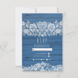 Blaue Rustikale Holzspitze Farmhaus Scheune Hochze RSVP Karte