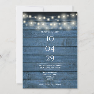 Blaue Rustikale Holzzeichenbeleuchtung Hochzeitsta Einladung