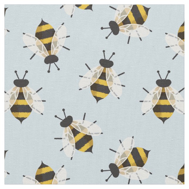 Blaue Rustikale Illustrierte Bienenfabrik Stoff (Nahaufnahme)