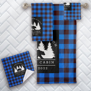 Blaue Rustikale Karierte Bären-Woods-Familienhütte Badhandtuch Set