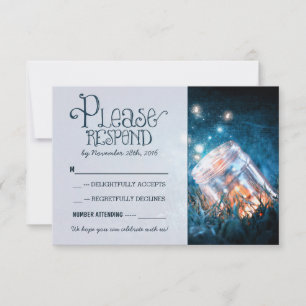 blaue rustikale Lichter auf Glas Hochzeit RSVP Karte