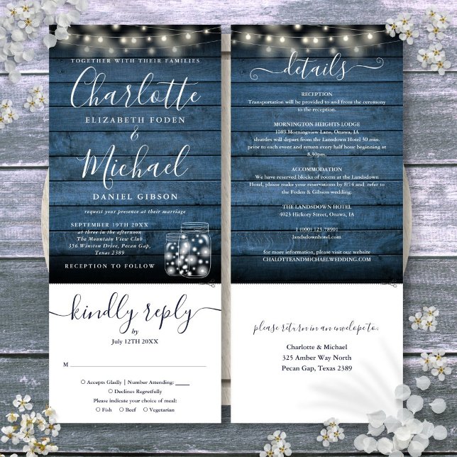Blaue Rustikale Mason-Jars leuchten alle auf einer Einladung (Blue Rustic Mason Jars Lights All In One Wedding Invitation)