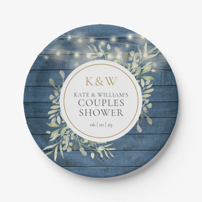 Blaue Rustikale Monogram Grünpaare Dusche Pappteller (Vorderseite)