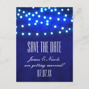 Blaue Rustikale Nacht-Lichterkette Save Date Postk Ankündigungspostkarte