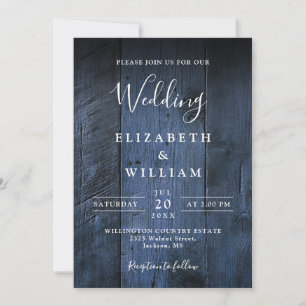 Blaue Rustikale Scheunenholz-Hochzeit Einladung