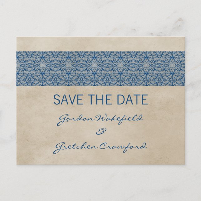 Blaue Rustikale Spitze Save the Date Postkarte (Vorderseite)