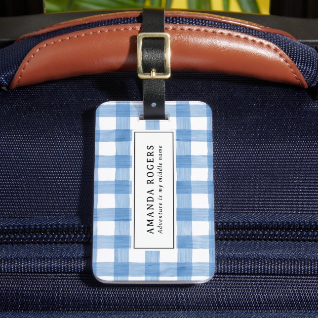 Blaue Rustikale Wasserfarbe Büffel Karo Modern Gepäckanhänger (Vorderseite Insitu 2)