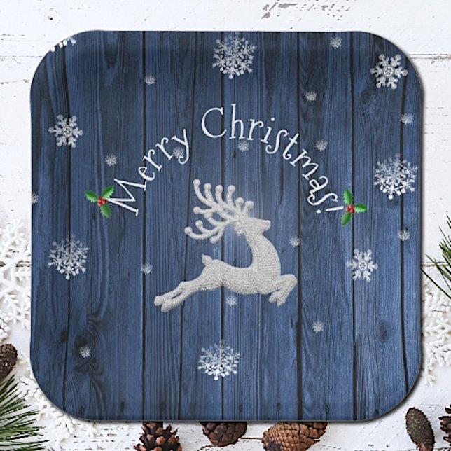 Blaue Rustikale Weihnachtsweindecke Pappteller (Blue Rustic Christmas Reindeer Paper Plates)