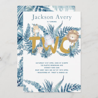 Blaue Safari Tiere zum zweiten Geburtstag Einladung