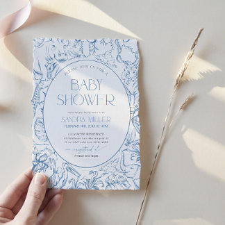 Blaue Safari-Toile-de-Jouy-Baby-Shower-Einladung Einladung