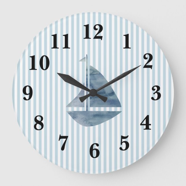 Blaue Sailboat Strip Preppy Large Clock Große Wanduhr (Vorderseite)