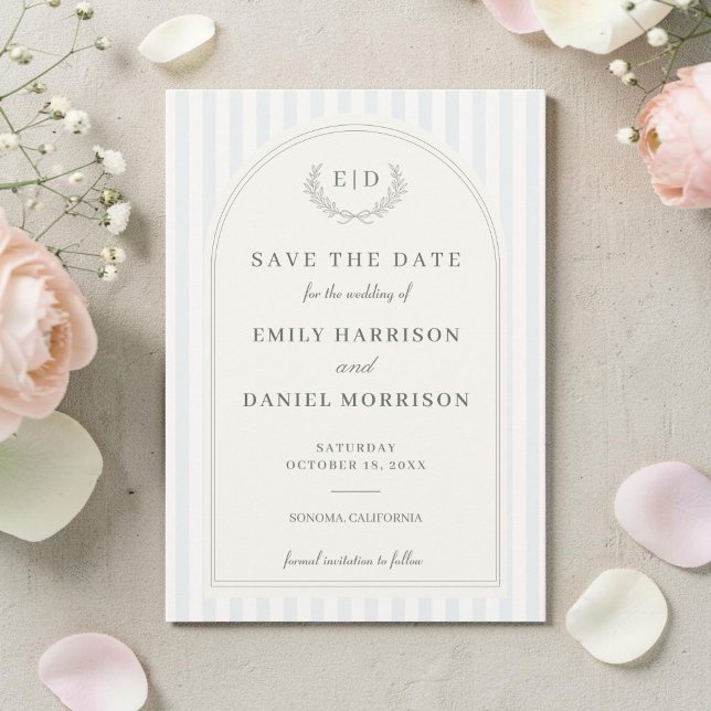 Blaue & Salbeigrüne gestreifte Hochzeitsmonogramm Save The Date (Von Creator hochgeladen)