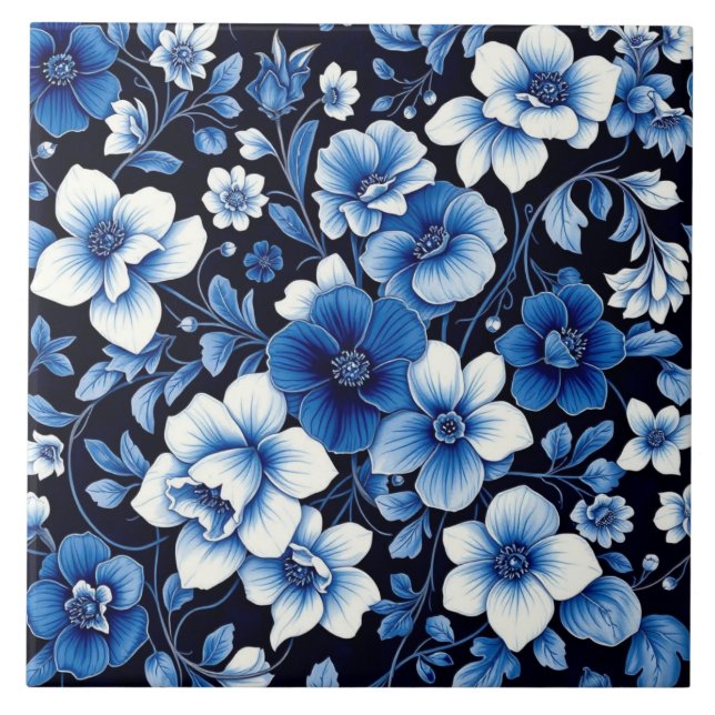 Blaue Samt-Blüten-Kachel Fliese (Vorderseite)