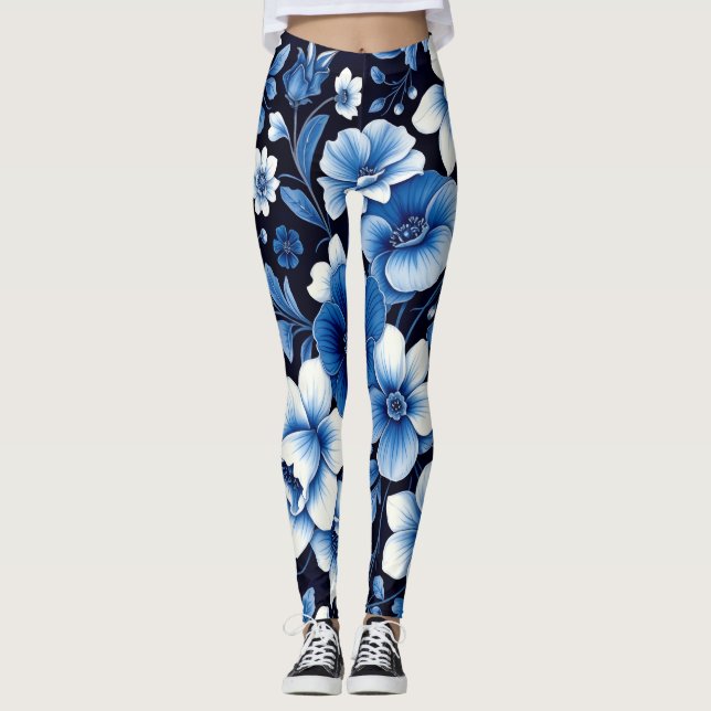 blaue Samt-Blüten-Leggings Leggings (Vorderseite)