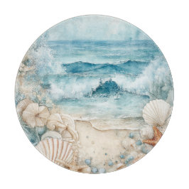 BLAUE SANDSTRANDSZENE MIT MEERESSCHNECKEN SCHNEIDEBRETT