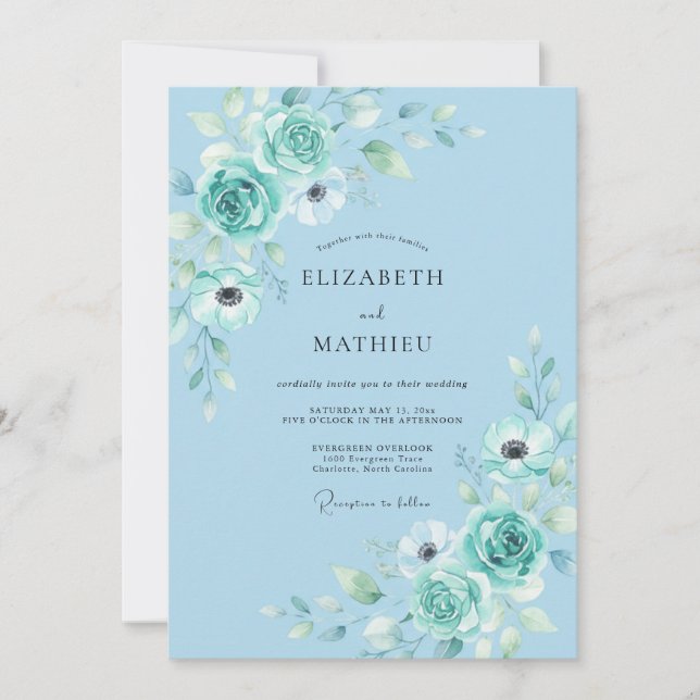 Blaue sanfte florale Hochzeit Einladung (Vorderseite)
